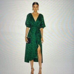 Saloni Olivia Silk Jacquard Dress- Green - size US 2/ UK 6